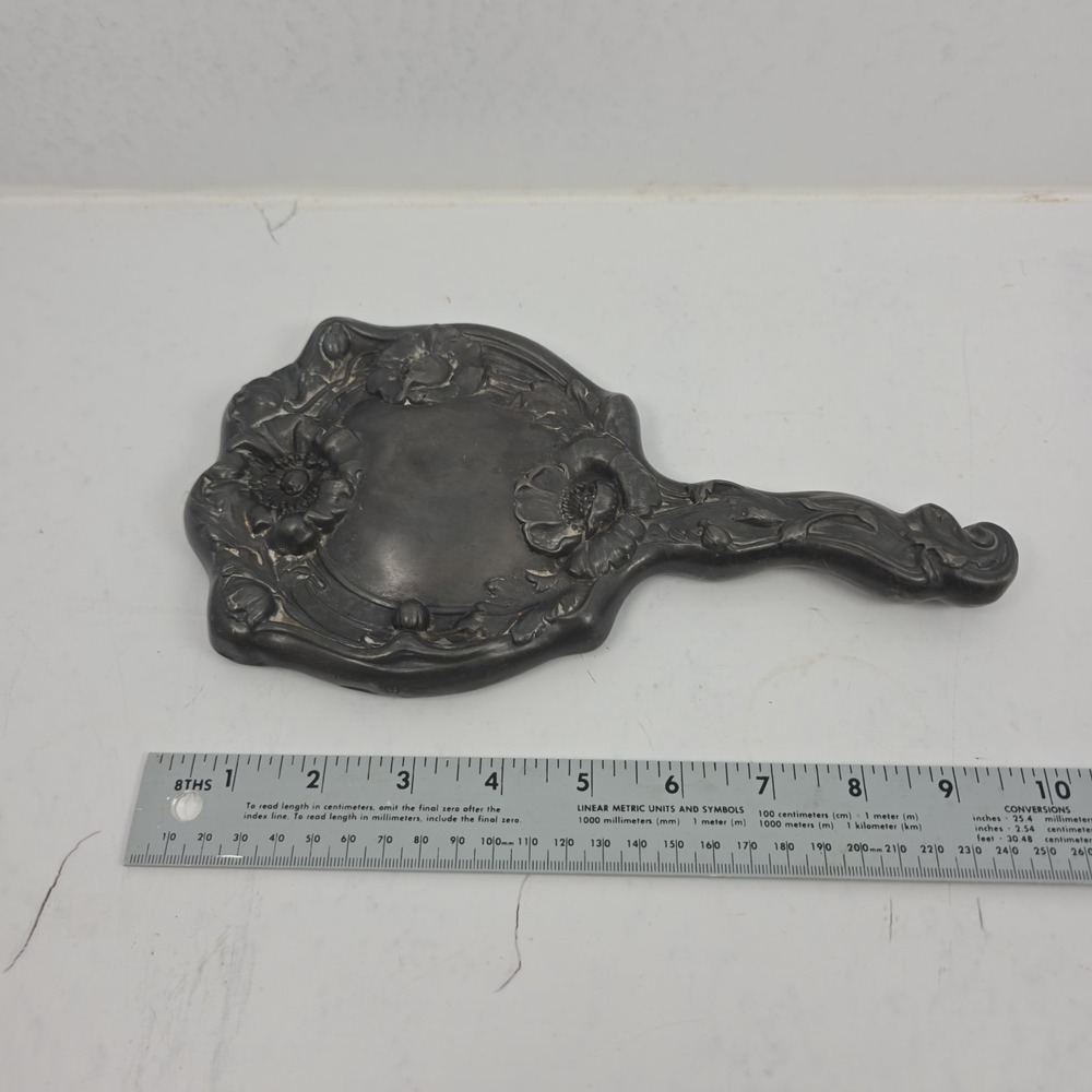 Vintage Art Nouveau Repousse Handheld Mirror Bevelled Glass 10" x 5.5" - Picture 11 of 11